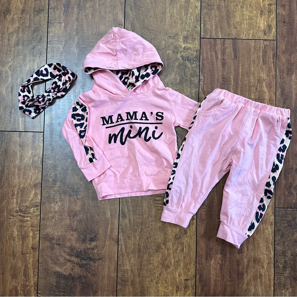 pink leopard print Mama’s Mini hoodie, headband and pant outfit 6-9 months